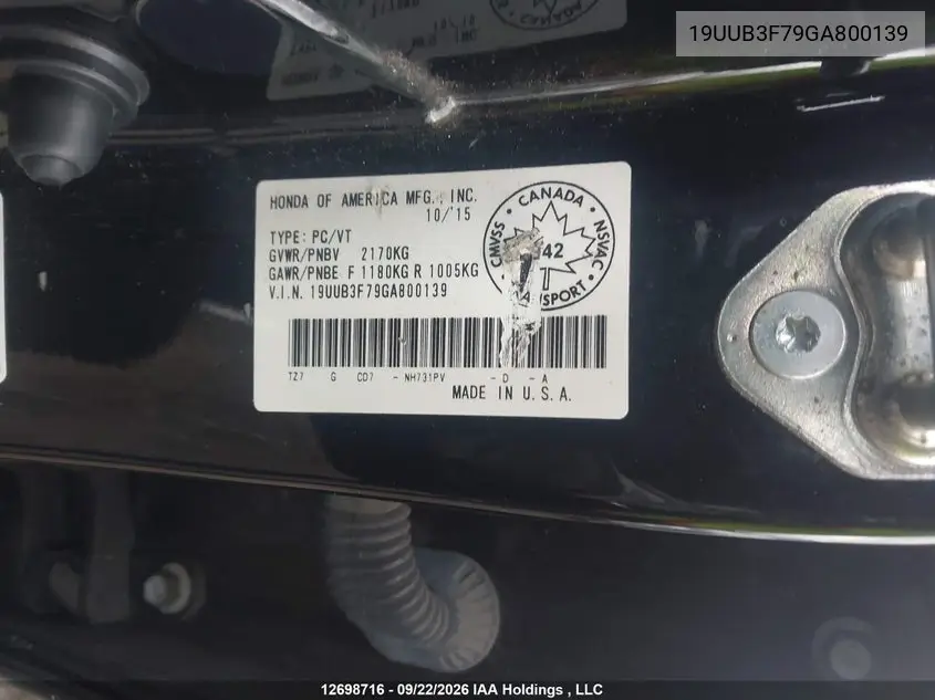 2016 ACURA TLX VIN 19UUB3F79GA800139 — фото 9