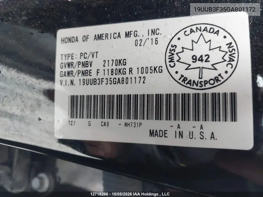 2016 ACURA TLX VIN 19UUB3F35GA801172 — фото 9