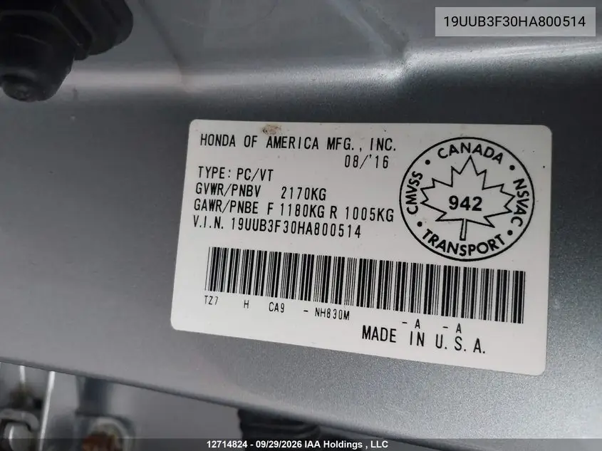 2017 ACURA TLX VIN 19UUB3F30HA800514 — фото 18