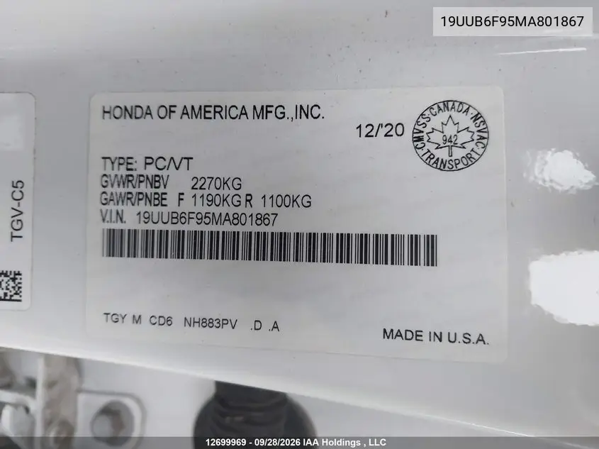 2021 ACURA TLX VIN 19UUB6F95MA801867 — фото 9