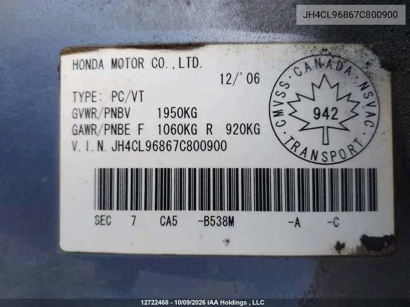 2007 ACURA TSX VIN JH4CL96867C800900 — фото 9