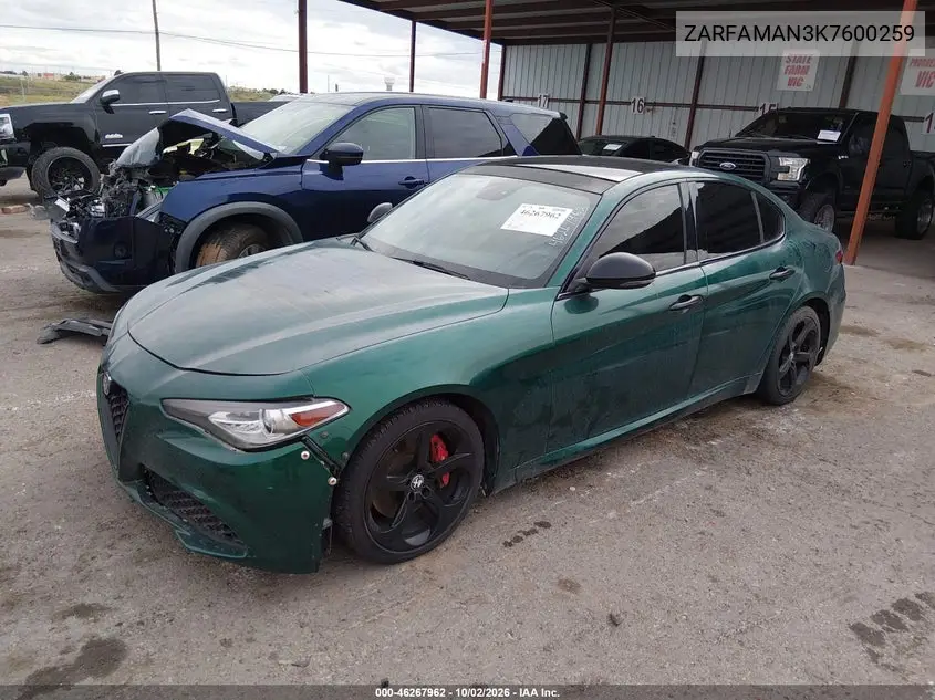 2019 ALFA ROMEO GIULIA VIN ZARFAMAN3K7600259 — фото 2