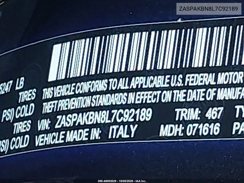 2020 ALFA ROMEO STELVIO VIN ZASPAKBN8L7C92189 — фото 9