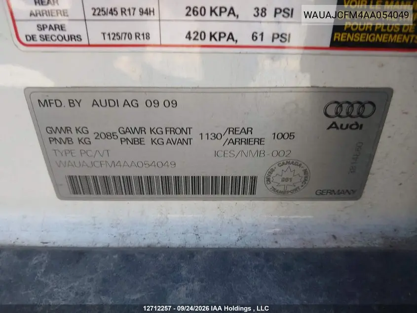2010 AUDI A3 VIN WAUAJCFM4AA054049 — фото 18
