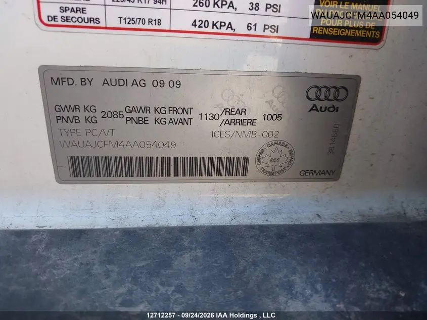 2010 AUDI A3 VIN WAUAJCFM4AA054049 — фото 9