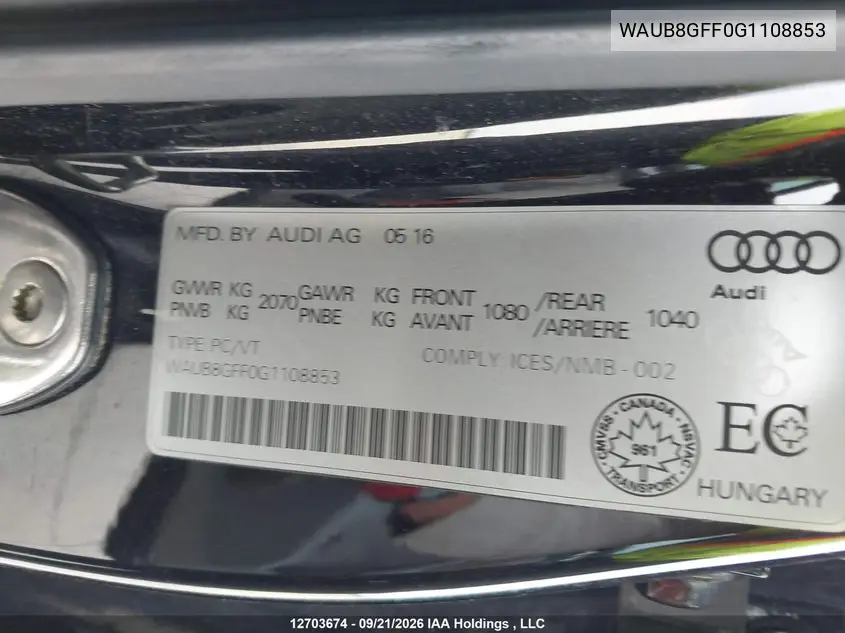 2016 AUDI A3 VIN WAUB8GFF0G1108853 — фото 9