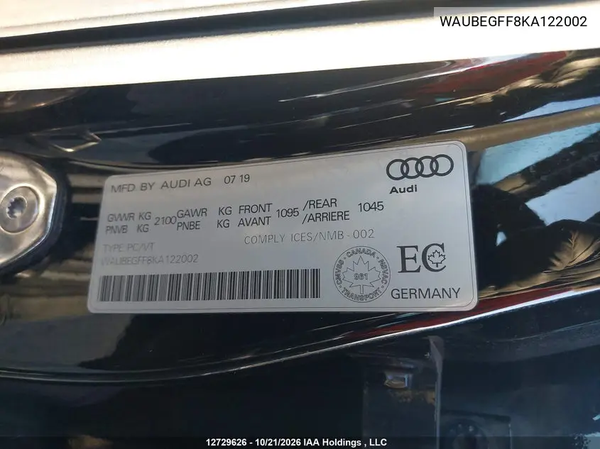 2019 AUDI A3 VIN WAUBEGFF8KA122002 — фото 9