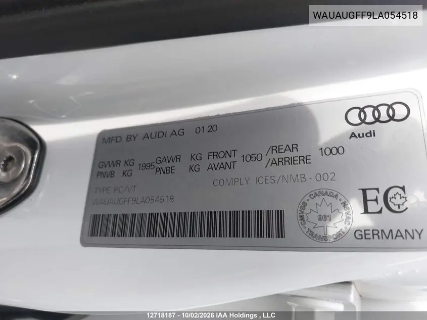 2020 AUDI A3 VIN WAUAUGFF9LA054518 — фото 9
