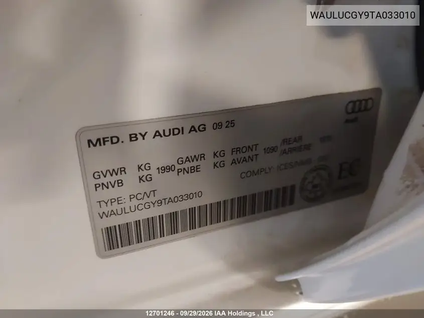 2026 AUDI A3 VIN WAULUCGY9TA033010 — фото 9