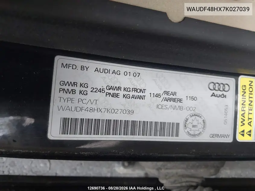 2007 AUDI A4 VIN WAUDF48HX7K027039 — фото 9
