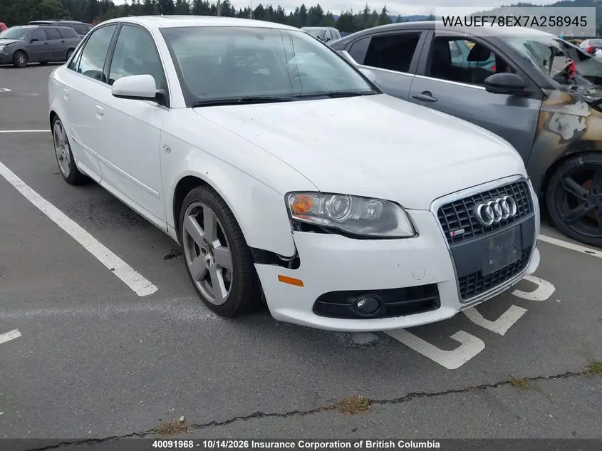 AUDI A4 2007, VIN WAUEF78EX7A258945