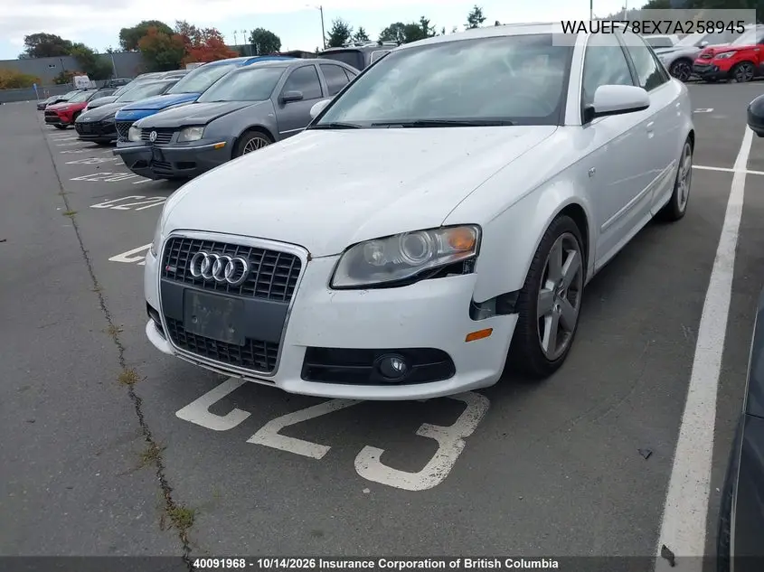 2007 AUDI A4 VIN WAUEF78EX7A258945 — фото 2