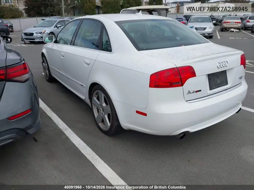2007 AUDI A4 VIN WAUEF78EX7A258945 — фото 3