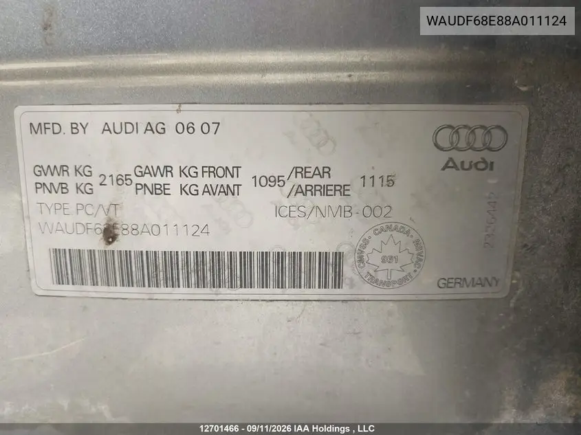 2008 AUDI A4 VIN WAUDF68E88A011124 — фото 9