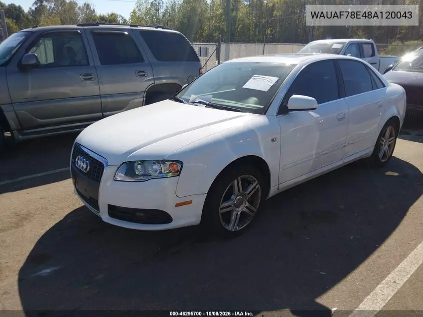 2008 AUDI A4 VIN WAUAF78E48A120043 — фото 2