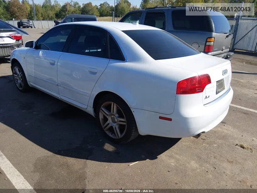 2008 AUDI A4 VIN WAUAF78E48A120043 — фото 3