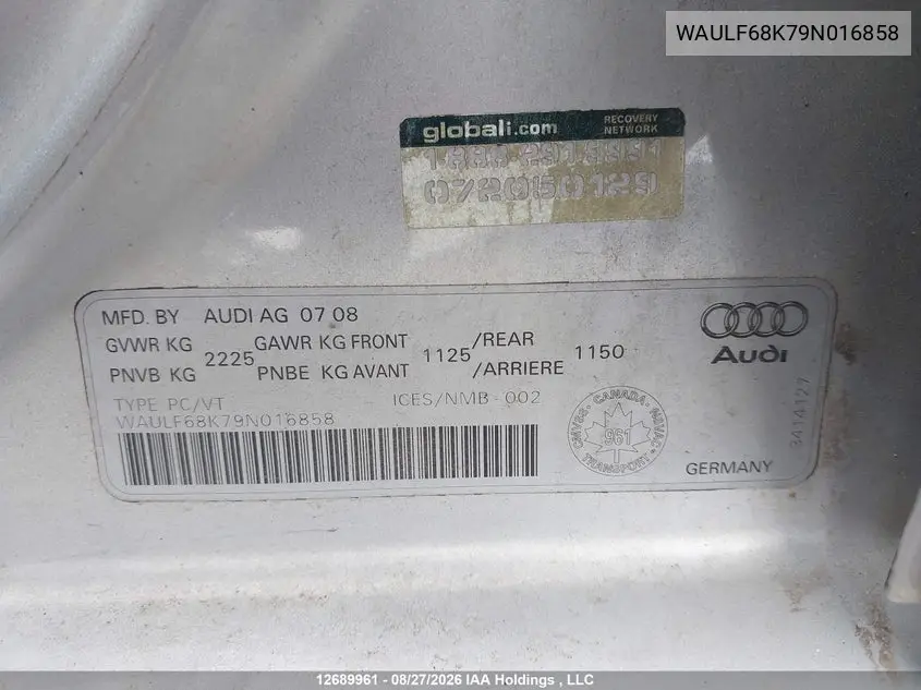 2009 AUDI A4 VIN WAULF68K79N016858 — фото 9