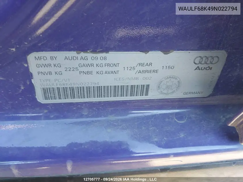 2009 AUDI A4 VIN WAULF68K49N022794 — фото 9