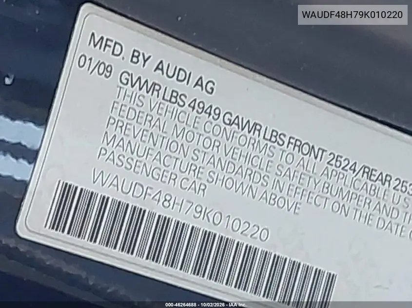 2009 AUDI A4 VIN WAUDF48H79K010220 — фото 9