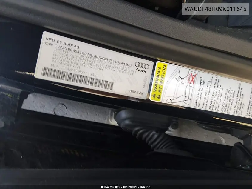2009 AUDI A4 VIN WAUDF48H09K011645 — фото 9