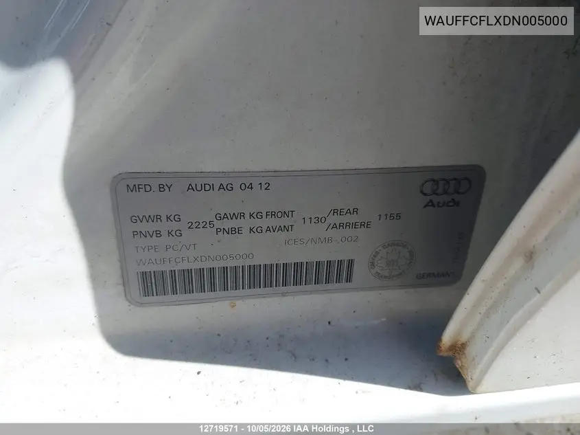 2013 AUDI A4 VIN WAUFFCFLXDN005000 — фото 9