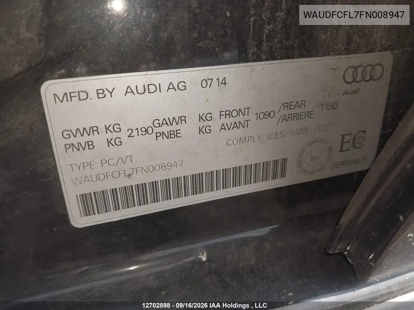 2015 AUDI A4 VIN WAUDFCFL7FN008947 — фото 20