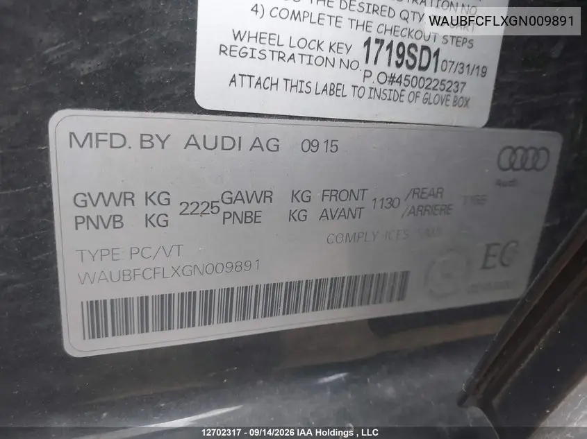 2016 AUDI A4 VIN WAUBFCFLXGN009891 — фото 9