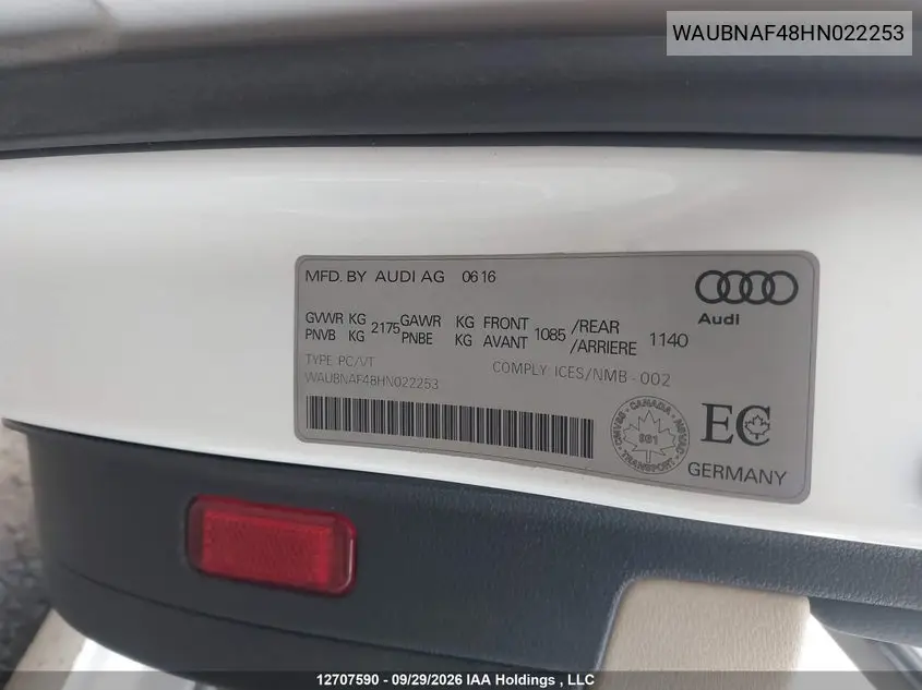 2017 AUDI A4 VIN WAUBNAF48HN022253 — фото 9