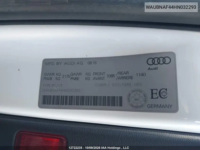 2017 AUDI A4 VIN WAUBNAF44HN032293 — фото 9