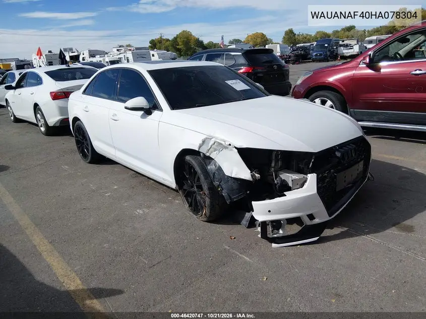 AUDI A4 2017, VIN WAUANAF40HA078304