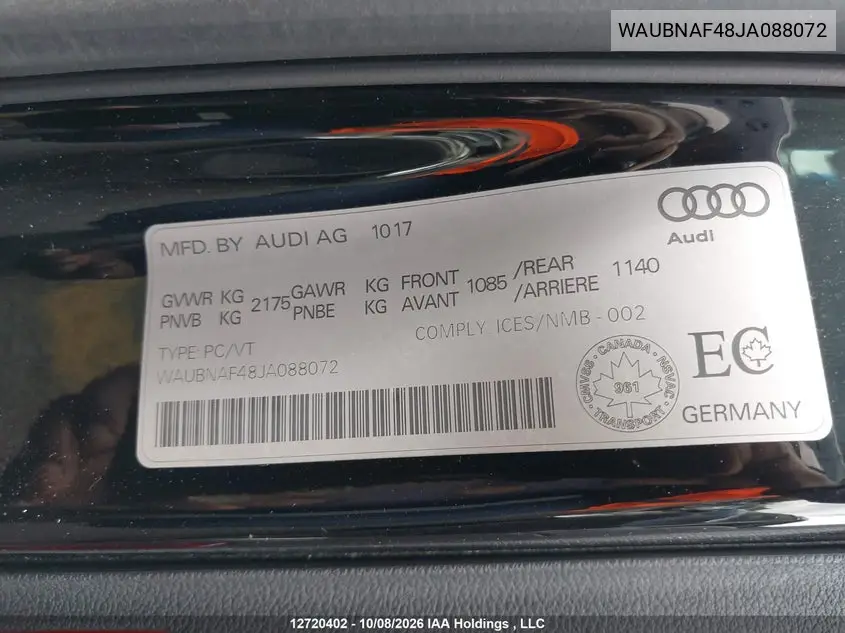 2018 AUDI A4 VIN WAUBNAF48JA088072 — фото 18