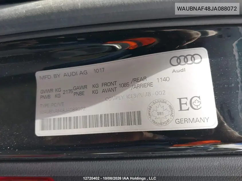 2018 AUDI A4 VIN WAUBNAF48JA088072 — фото 9