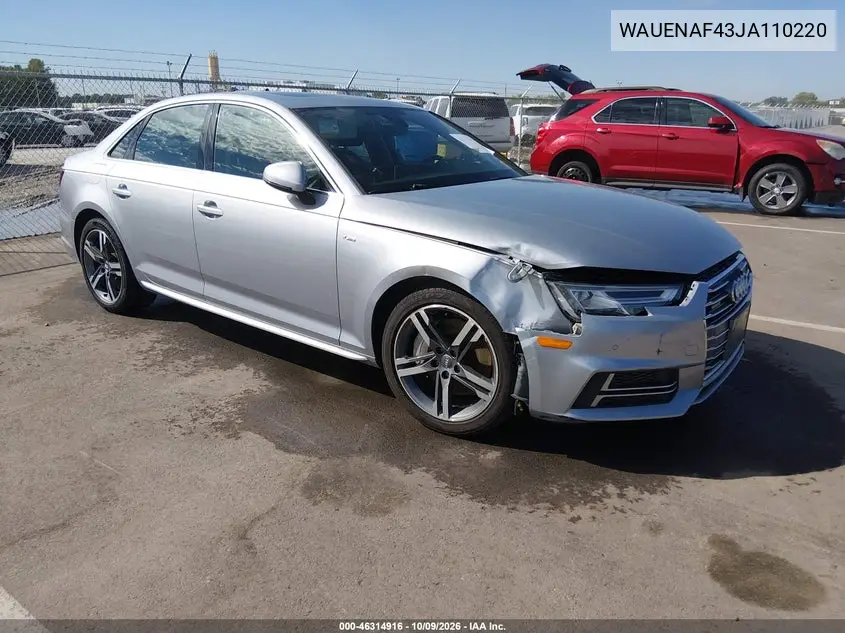 AUDI A4 2018, VIN WAUENAF43JA110220