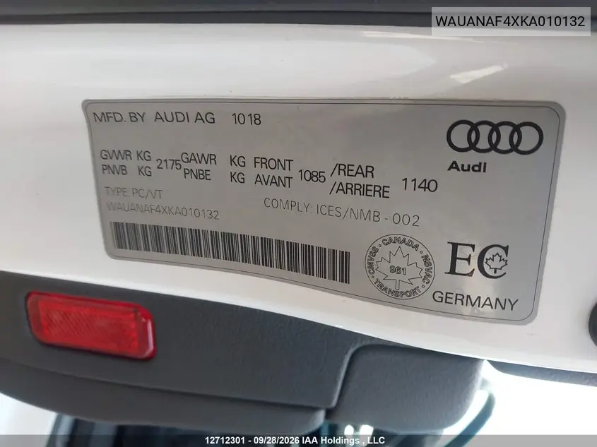 2019 AUDI A4 VIN WAUANAF4XKA010132 — фото 9