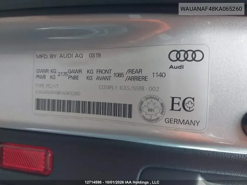 2019 AUDI A4 VIN WAUANAF48KA065260 — фото 9
