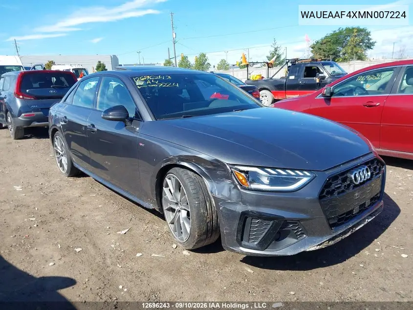 AUDI A4 2021, VIN WAUEAAF4XMN007224