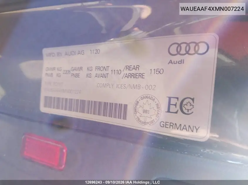 2021 AUDI A4 VIN WAUEAAF4XMN007224 — фото 9