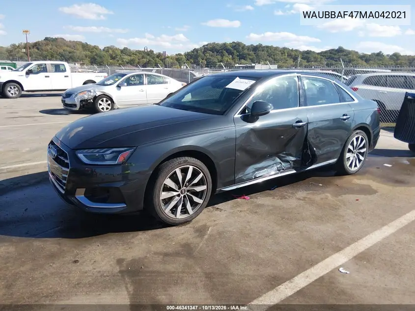 2021 AUDI A4 VIN WAUBBAF47MA042021 — фото 2