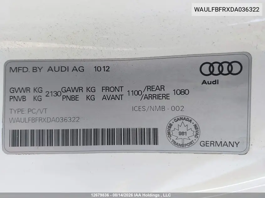 2013 AUDI A5 VIN WAULFBFRXDA036322 — фото 9