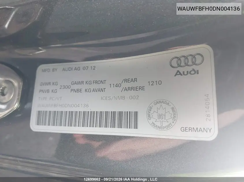 2013 AUDI A5 VIN WAUWFBFH0DN004136 — фото 9