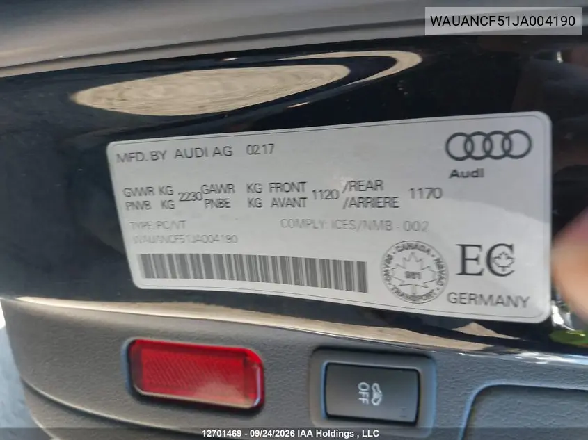 2018 AUDI A5 VIN WAUANCF51JA004190 — фото 9
