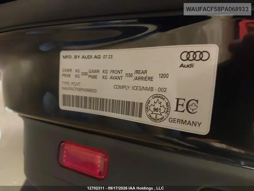 2023 AUDI A5 VIN WAUFACF58PA068933 — фото 9