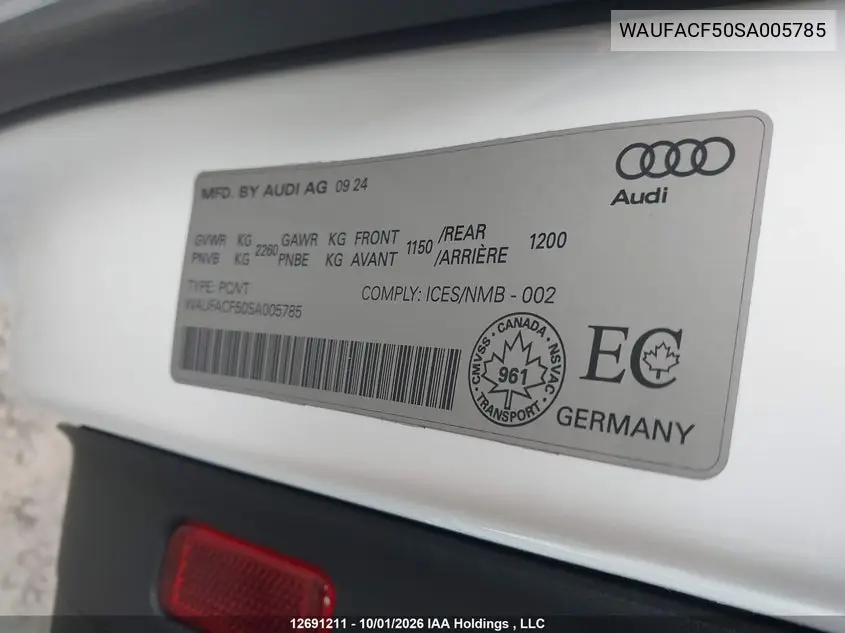 2025 AUDI A5 VIN WAUFACF50SA005785 — фото 9