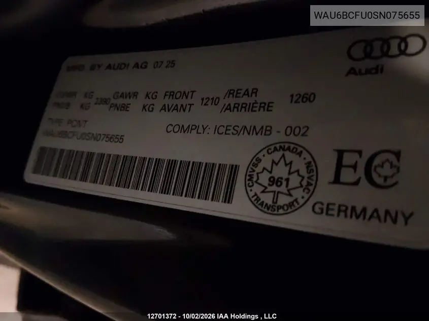 2025 AUDI A5 VIN WAU6BCFU0SN075655 — фото 9