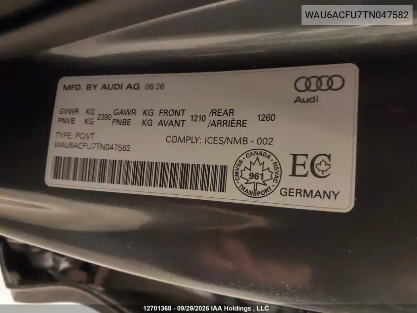2026 AUDI A5 VIN WAU6ACFU7TN047582 — фото 9