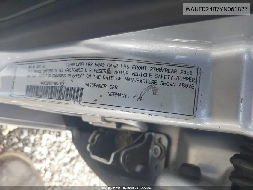 2000 AUDI A6 VIN WAUED24B7YN061827 — фото 9