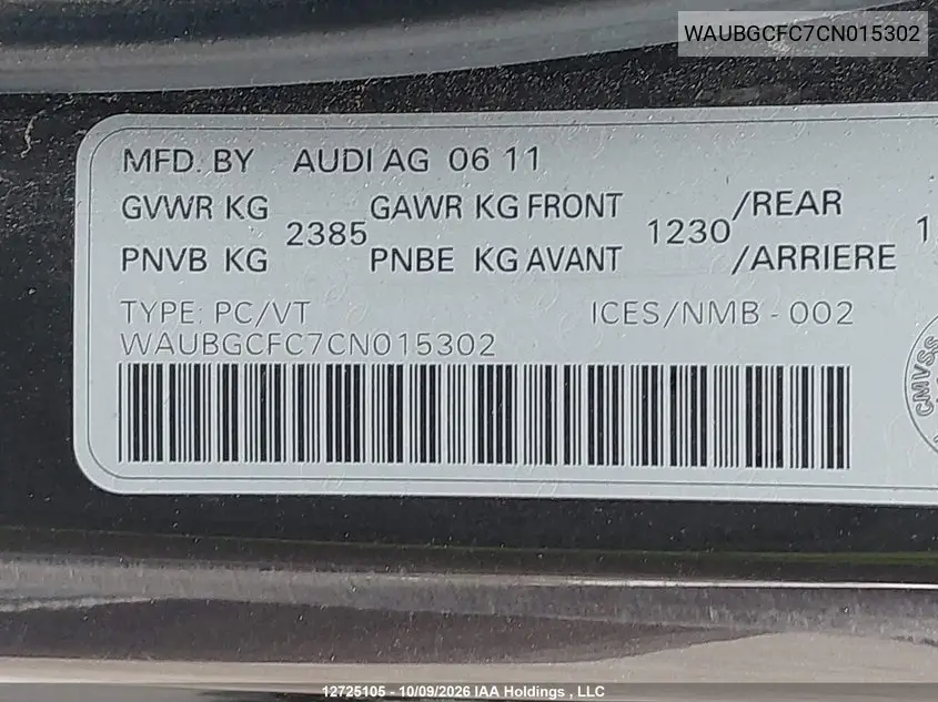 2012 AUDI A6 VIN WAUBGCFC7CN015302 — фото 9