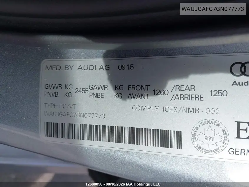 2016 AUDI A6 VIN WAUJGAFC7GN077773 — фото 9