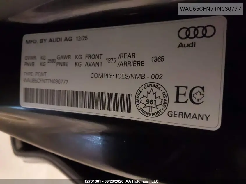 2026 AUDI A6 VIN WAU65CFN7TN030777 — фото 9