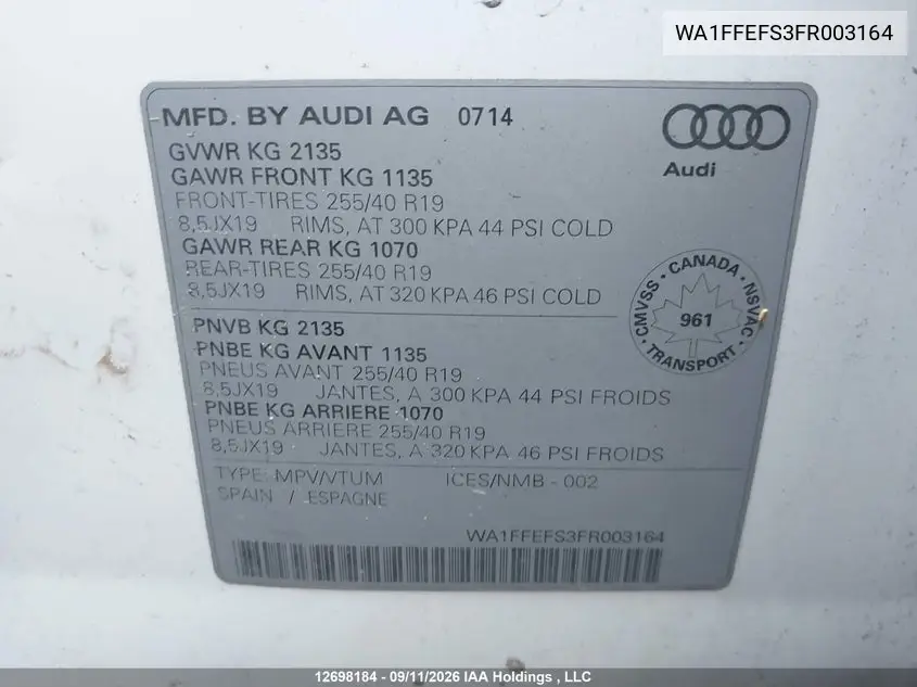 2015 AUDI Q3 VIN WA1FFEFS3FR003164 — фото 9